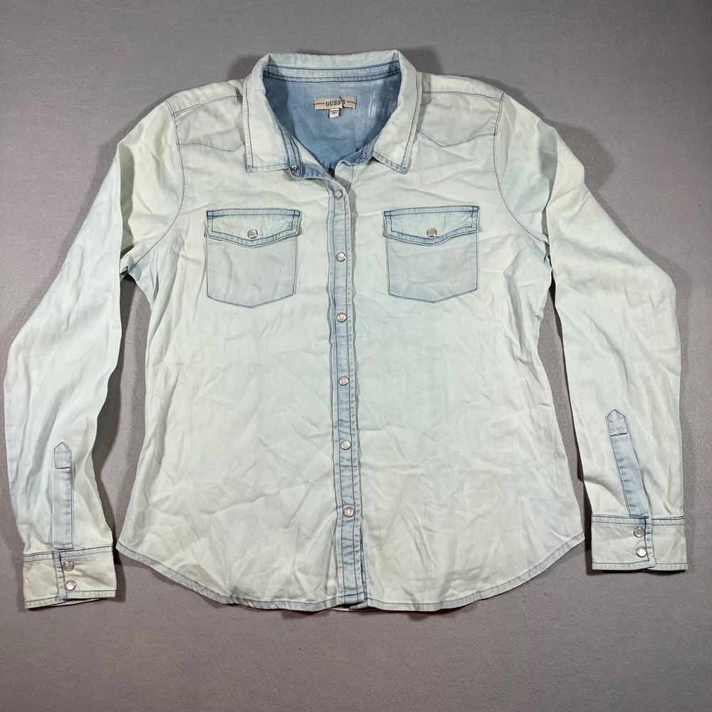 Guess Y2K Women L Light Wash Denim-Style Western Cowgirl Pearl Snap Shirt Eco